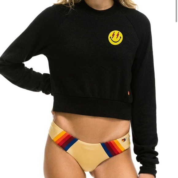 Aviator Nation Bolt Smiley Cropped Crew Sweatshirt - Picture 1 of 2